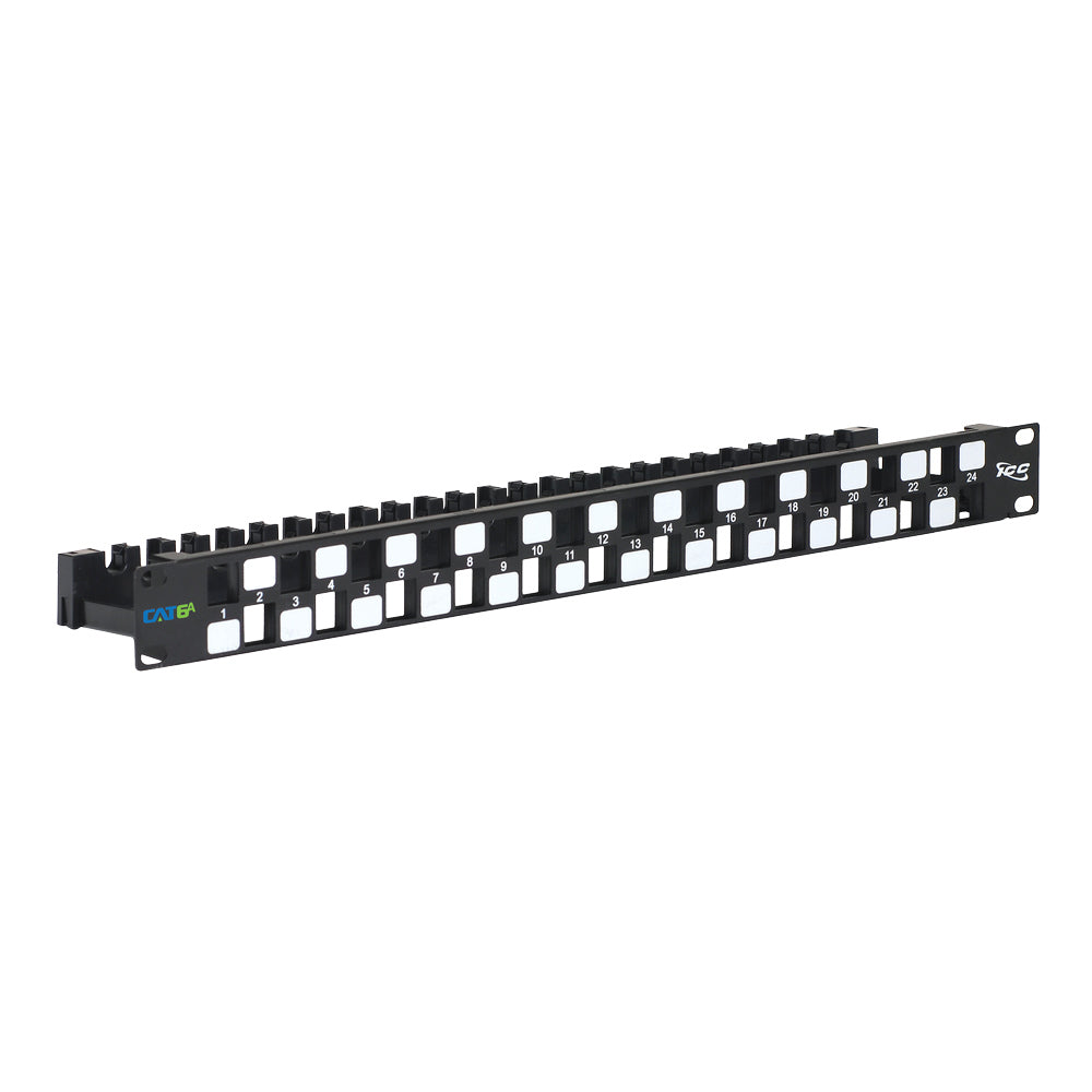 CAT6A UTP Blank Patch Panel with 24 Ports and Staggered and Rear Cable Management Bar in 1 RMS