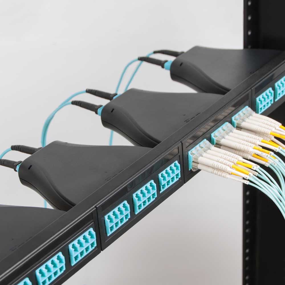 MTP-MTP Plenum Multimode 50/125 (OM3) Type A Fiber Optic Patch Cable with 12 Fibers in Aqua